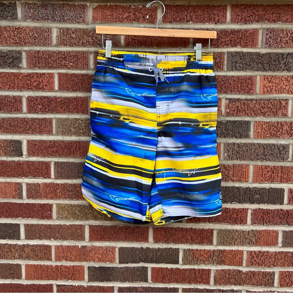ZeroXposure Yellow Blue and Black Shark Design Boy’s Swim Trunks